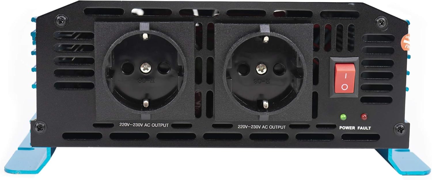 SP1000W Convertisseur Transformateur Chargeur pour Voiture Onduleur à onde sinusoïdale pure, Onduleur 12 V DC à 230 V AC, 2 prises Schuko Bleu 1000W
