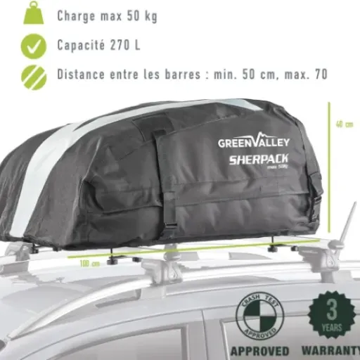 Avis Green Valley 158005 Coffre de Toit Souple 270 L : le coffre pliable qui libère de la place dans le coffre