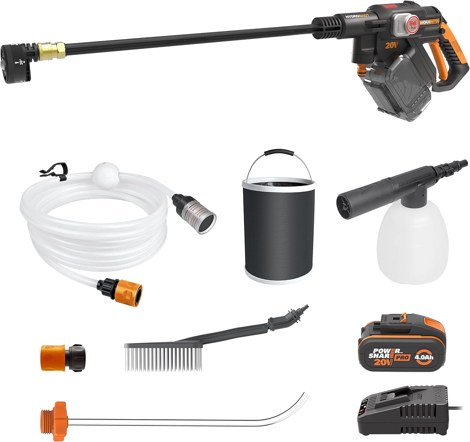WORX Nitro 18V(20V Max) Nettoyeur Haute Pression sans Fil Hydroshot WG633E.1, PowerShare, Nettoyage de Terrasse Lavage de Voiture, Max - 56 Bar, 220L/H Batterie 4.0Ah et Chargeur
