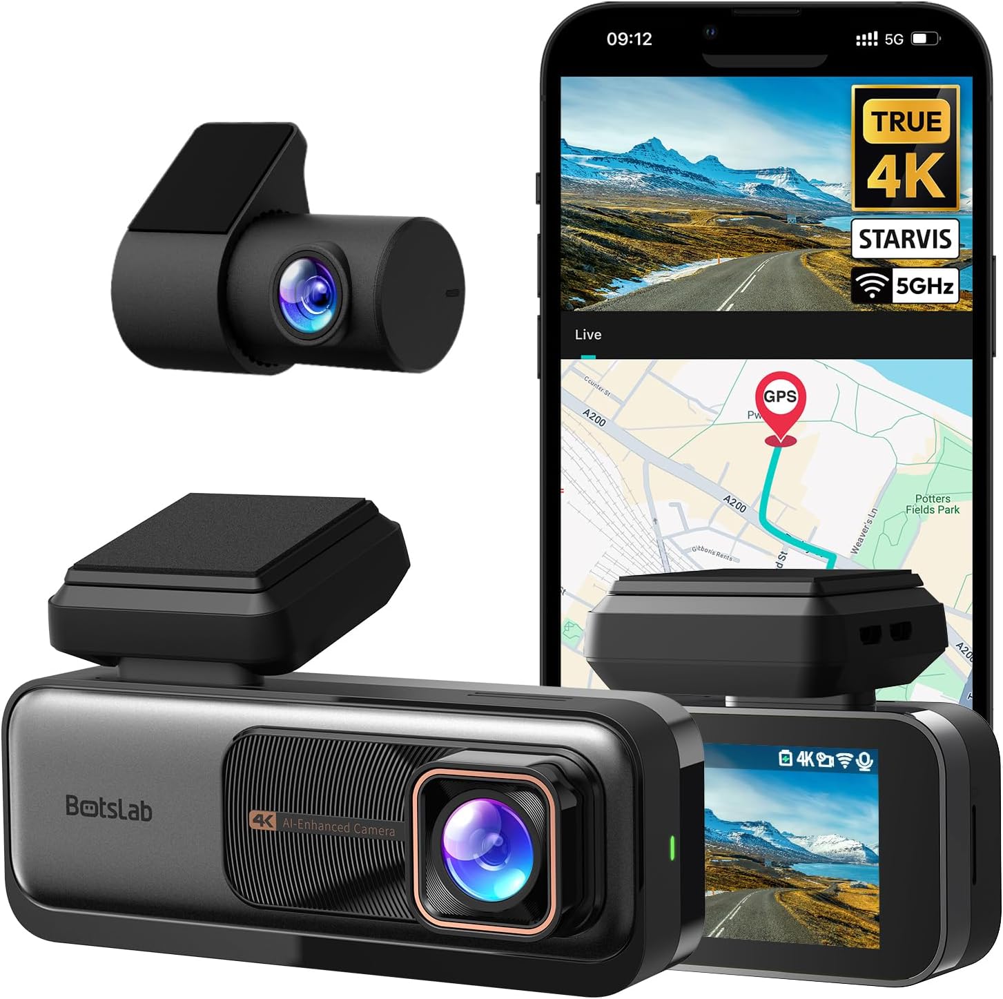 BOTSLAB 4K Dashcam Voiture Avant Arrière GPS, WiFi Caméra Voiture avec Carte SD 64GB,Camera Voiture Grand Angle 170°,ADAS,Vision Nocturne,WDR,G-Capteur,Mode Stationnement 24H,Enregistrement en Boucle G980H