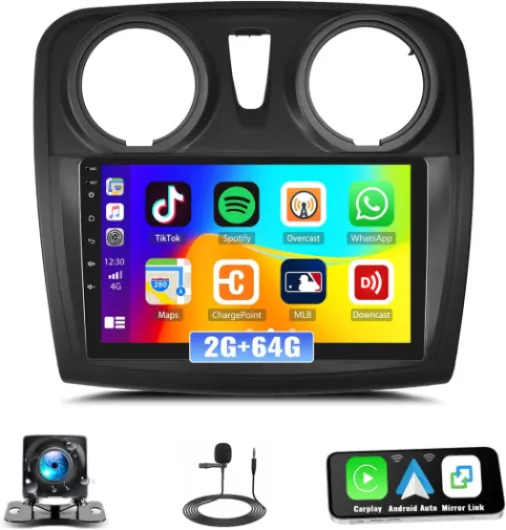 2G+64G GOHHDL Android Autoradio 2 Din pour Renault Dacia Logan 2 Sandero B52 2012-2019 avec Carplay Android Auto, Écran Tactile 9 Pouces avec Mirror Link GPS Navi WiFi Bluetooth FM/RDS EQ Caméra&MIC 2G+64G Carplay