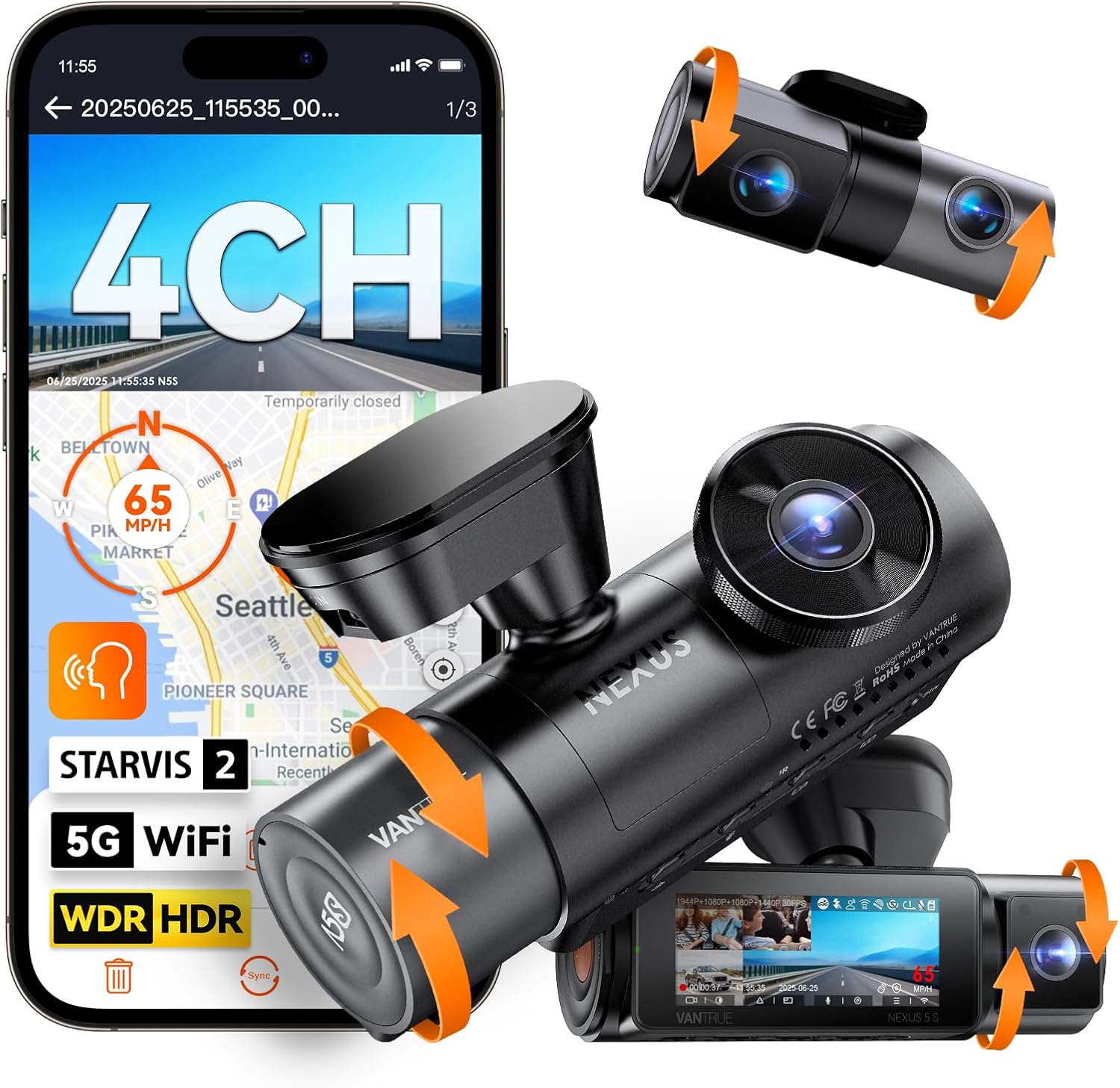 Vantrue N5S 4 Channel 360 Degree WiFi Dash Cam, STARVIS 2, IR Night Vision, 2.7K+1080P*2+1440P Front Rear Inside Dashcam, Voice Control, GPS, 24 Hours Parking Mode, IR Night Vision, Support 1TB Max