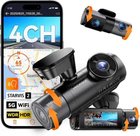 Vantrue N5S 4 Channel 360 Degree WiFi Dash Cam, STARVIS 2, IR Night Vision, 2.7K+1080P*2+1440P Front Rear Inside Dashcam, Voice Control, GPS, 24 Hours Parking Mode, IR Night Vision, Support 1TB Max