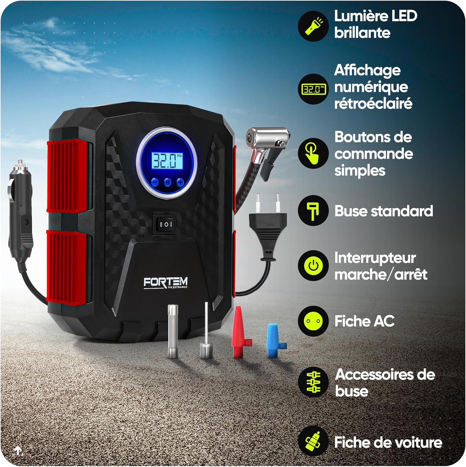 FORTEM Gonfleur 150 PSI, Pompe Air 12V DC & 230V AC, Manomètre Digital Auto Stop, Accessoire Pneus Voiture & Vélo, LED, Rangement Transport Rouge 230V AC/DC