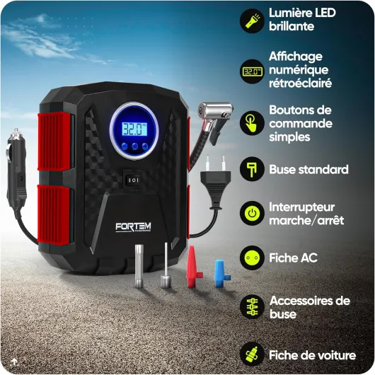 FORTEM Gonfleur 150 PSI, Pompe Air 12V DC & 230V AC, Manomètre Digital Auto Stop, Accessoire Pneus Voiture & Vélo, LED, Rangement Transport Rouge 230V AC/DC