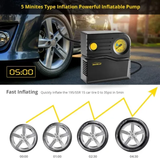 WindGallop Gonfleur pneus Voiture 12V Mini Compresseur Voiture Compresseur à Air Portatif Pompe de pneu de Voiture Allume Cigare Electrique Pompe A Velo avec Manomètre et Adaptateurs de Valve(Jaune)