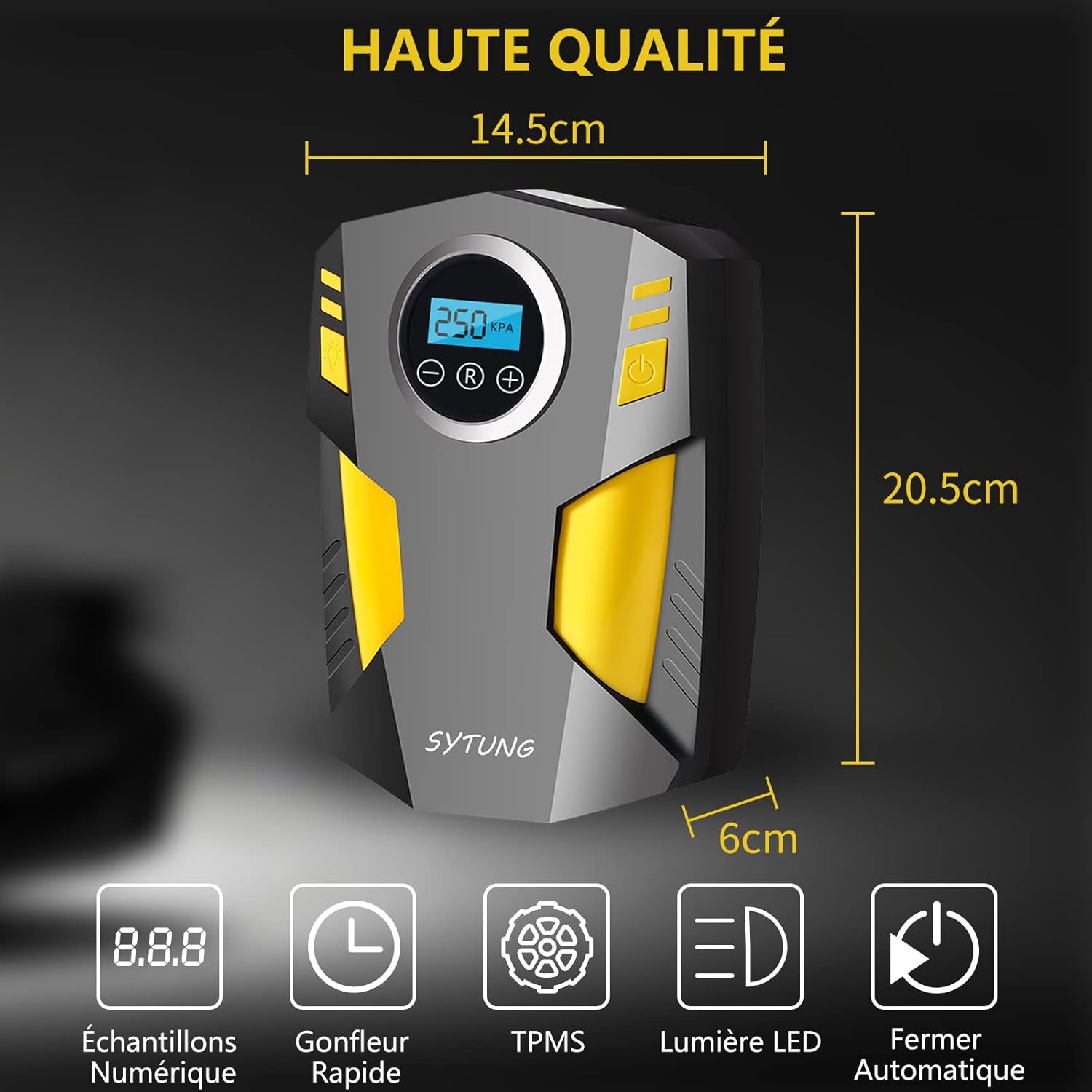 SYTUNG Gonfleur Pneus Voiture Numérique Portable avec 3 Adaptateurs De Buse Et Lumière LED Numérique 12 V Pompe à Air électrique Rapide pour Pneus et Autres Objets Gonflables Noir