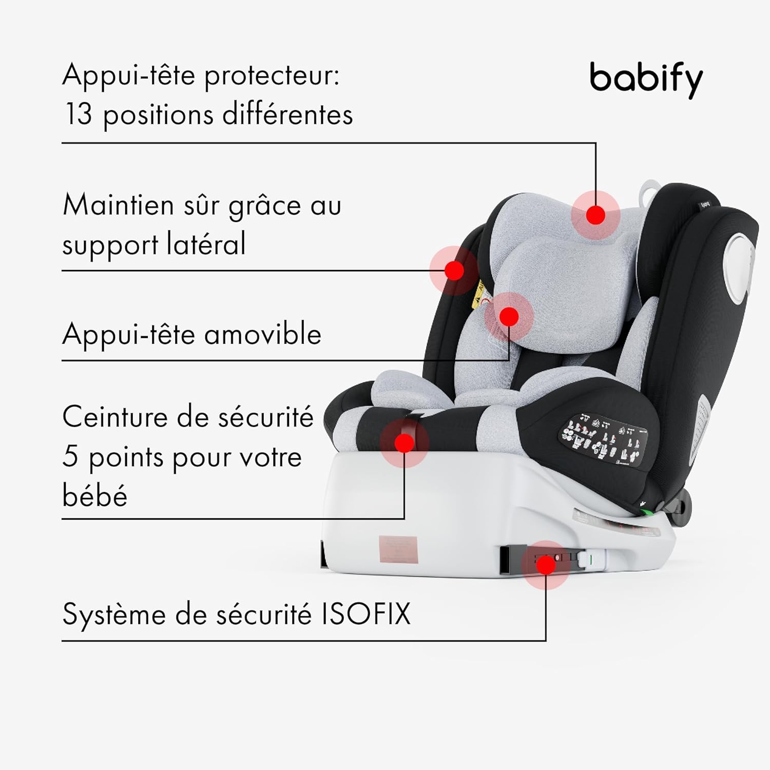 Babify Onboard Siege Auto ECE R129/i-Size, Bebe 0 à 36kg, Siege Auto Isofix Groupe 0 1 2 3, Siège Auto Bébé et Enfants de 0 à 12 Ans, Sièges Auto Pivotant 360, Ergonomique, Rehausseur Voiture Enfant Gris ISOFIX installation