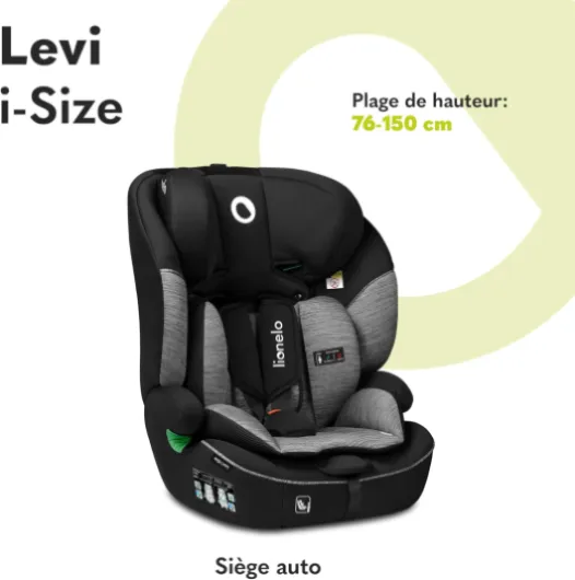 Levi i-Size siege auto de 9 à 36 kg, groupe 1 2 3, protection latérale, protection pour la tête, ceintures à 5 points, appui-tête réglable, insert Dri-Seat Gris-Noir