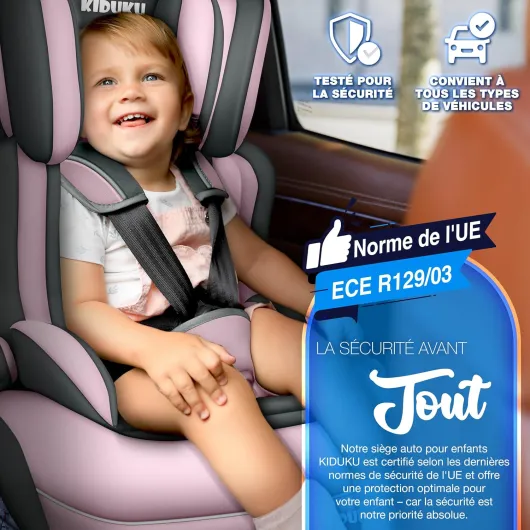 KIDUKU® Siège auto pour enfants avec Protection, évoluant avec la croissance, Norme ECE R129/03, 6 couleurs disponibles, de 9 kg à 36 kg (de 1 à 12 ans), Groupe 1 + 2 + 3 (Gris/Rose) Gris / Rose
