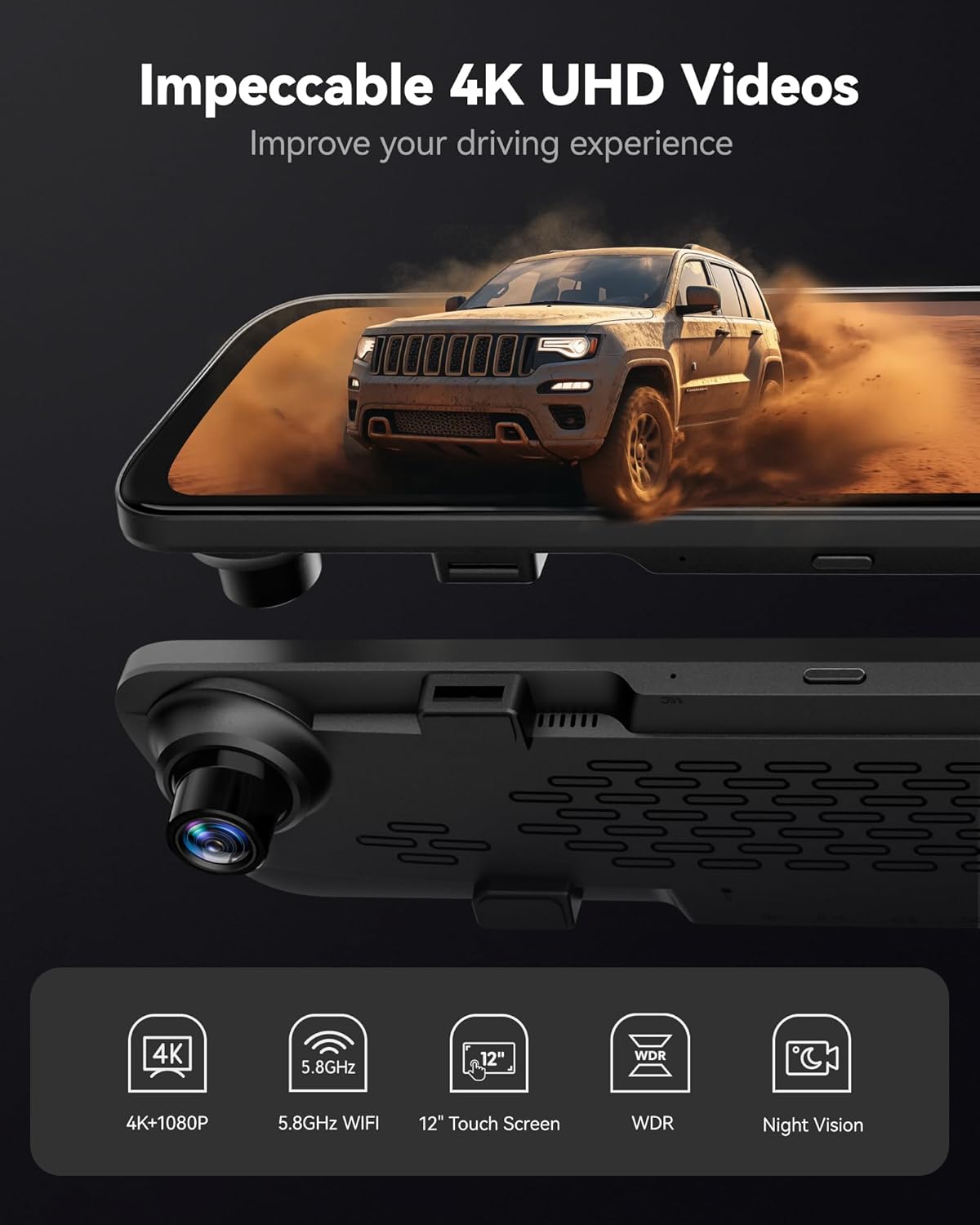 12" 4K Rétroviseur Dash Cam avec caméra de recul,2160P Full HD Rétroviseur, 5.8GHz WiFi, Avant et Arrière Double Lentille Dashcam Voiture, Aide au Stationnement, Carte 32 Go et GPS (G840S)