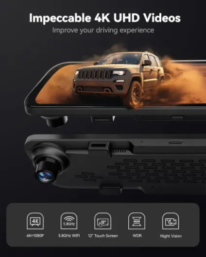 12" 4K Rétroviseur Dash Cam avec caméra de recul,2160P Full HD Rétroviseur, 5.8GHz WiFi, Avant et Arrière Double Lentille Dashcam Voiture, Aide au Stationnement, Carte 32 Go et GPS (G840S)