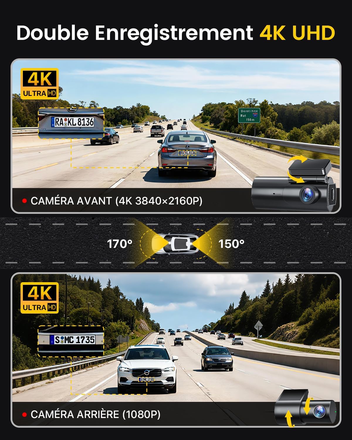 4K Dashcam Voiture Avant Arrière,5GHz WiFi Caméra Embarquée Voiture avec Carte SD 64G,Camera Voiture Grand Angle 170°,Vision Nocturne,WDR,G-Capteur,Mode Stationnement 24H,Enregistrement en Boucle D600