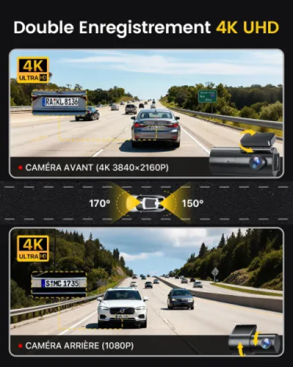 4K Dashcam Voiture Avant Arrière,5GHz WiFi Caméra Embarquée Voiture avec Carte SD 64G,Camera Voiture Grand Angle 170°,Vision Nocturne,WDR,G-Capteur,Mode Stationnement 24H,Enregistrement en Boucle D600