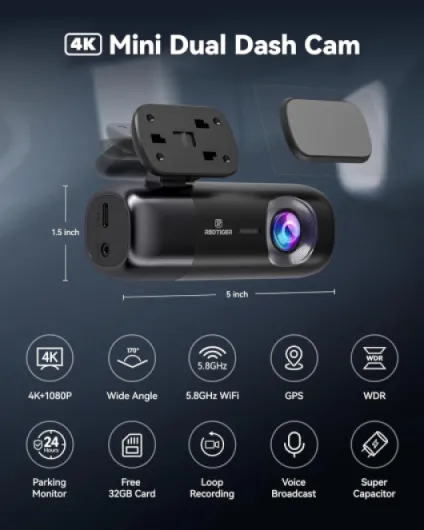 Dash Cam 4K+1080P Avant et Arrière,Dasham Voiture avec WiFi 5 GHz,GPS,Carte 32 Go Incluse,Enregistrement en Boucle,Vision Nocturne,Surveillance du Stationnement,Contrôle Via Application(F9)