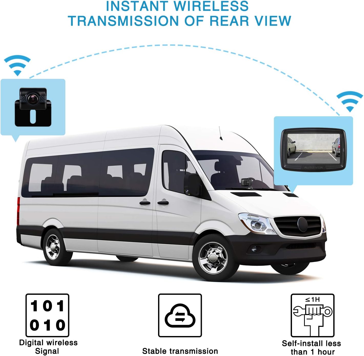 AUTO-VOX TD2 Caméra de Recul Numérique sans Fil, Camera de Recul Voiture avec Ecran LCD 4,3", Etanche IP68, Vision Nocturne, avec Antenne Intégrée, Facile à Installer