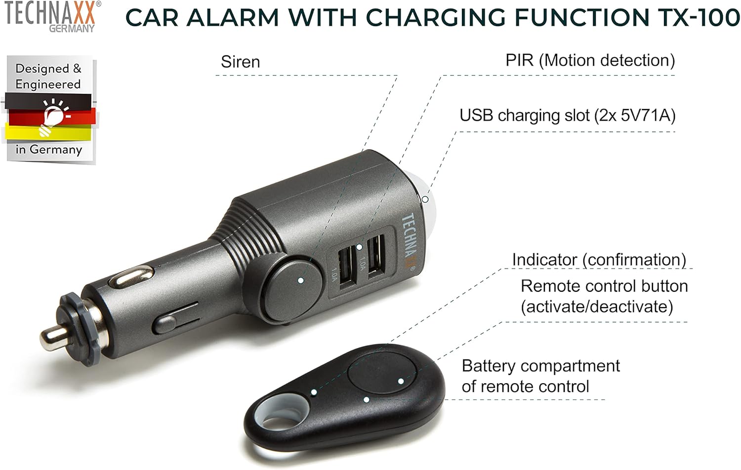 TX-100 Alarme Voiture avec Capteur PIR – Sirène 110 dB, Batterie 6 Jours, 12–24V, 2 Ports USB, Télécommande & LED – Sécurité Anti-Vol pour Voiture, Camping-Car, Maison & Tente Alarme de voiture TX-100