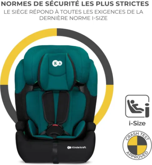 Kinderkraft COMFORT UP i-Size 76 et 150 cm, Siège auto bébé Groupe 1/2/3 de 9 à 36 kg, 15 mois à 12 ans, Têtière ajustable, 11 niveaux de réglage, Harnais de sécurité 5 points, Housse amovible, Vert COMFORT UP i-Size Green