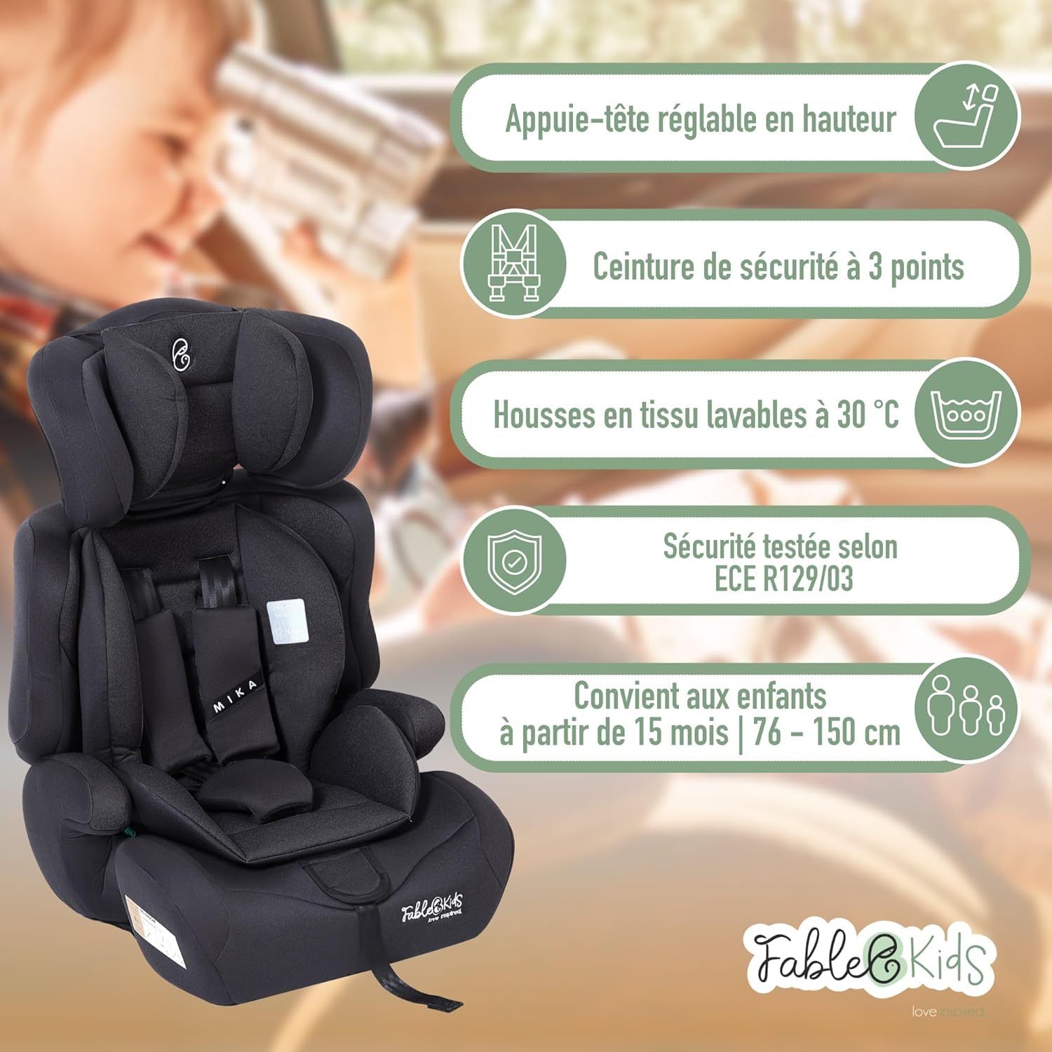 Siège auto pour enfants - Ceinture de sécurité à 3 points - Siège auto pour enfants 76-150 cm - Siège enfant appui-tête réglable - ECE R129/03 - Réglable 44,5x41x68-75cm - Gris Noir