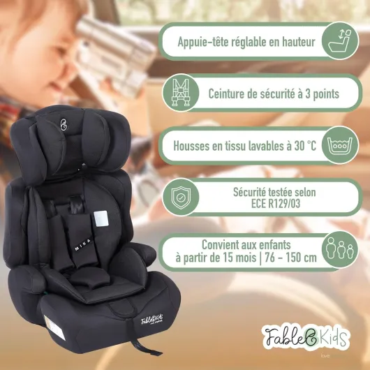 Siège auto pour enfants - Ceinture de sécurité à 3 points - Siège auto pour enfants 76-150 cm - Siège enfant appui-tête réglable - ECE R129/03 - Réglable 44,5x41x68-75cm - Gris Noir
