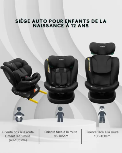 Siège Auto Bébé 0 à 36kg Isofix 0-12 ans, Groupe 0/1/2/3 - Siege Auto Pivotant 360° Évolutif 40-150cm i-Size - 9 Positions d'Appui-tête, 5 Positions d'Inclinaison Noir