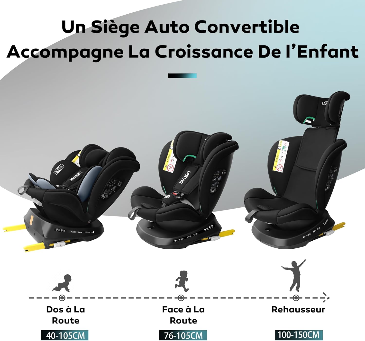 LETTAS i-Size Siège Auto Isofix 360°Pivotant Groupe 0+1/2/3, de la naissance à 12 ans(0-36 kg), 40-150 cm ECE R129 Noir