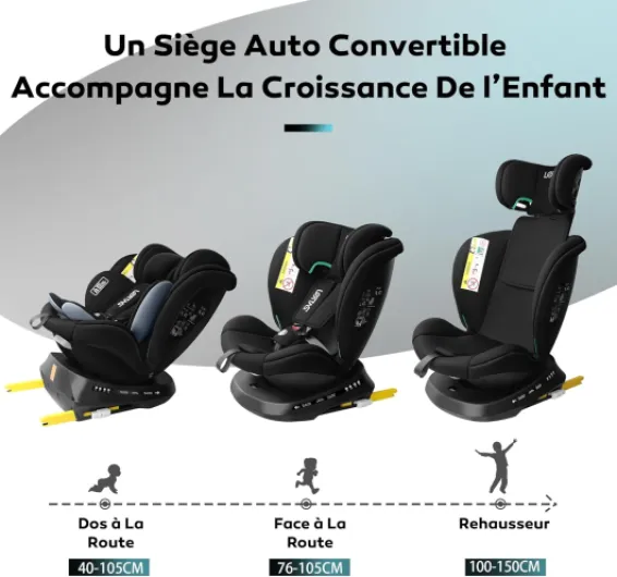 LETTAS i-Size Siège Auto Isofix 360°Pivotant Groupe 0+1/2/3, de la naissance à 12 ans(0-36 kg), 40-150 cm ECE R129 Noir