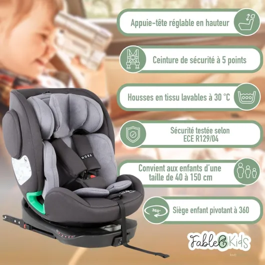 Siège enfant NORA noir - Siège auto i-Size pivotant à 360° 40-150 cm - Siège dos à la route avec ISOFIX et jambe de force - Appuie-tête et dossier réglables en hauteur - Certifié ECE R129/04 Gris