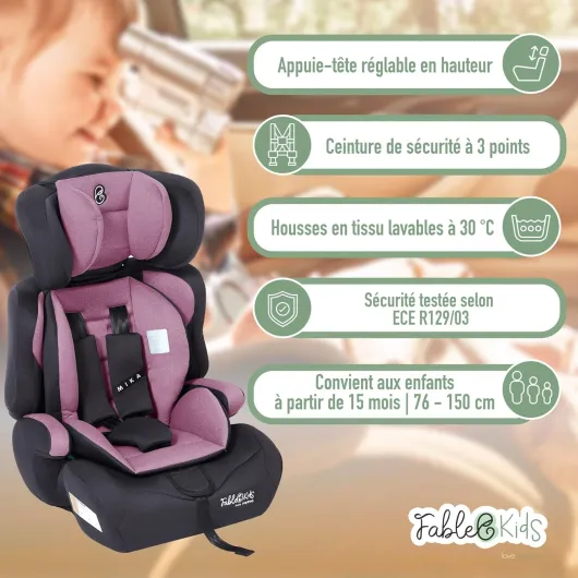 FableKids Siège auto pour enfants - Ceinture de sécurité à 3 points - Siège auto pour enfants à partir de 15 m - - Siège auto pour enfants 76-150 cm - ECE R129/03 - Réglable 44,5x41x68-75cm - Gris