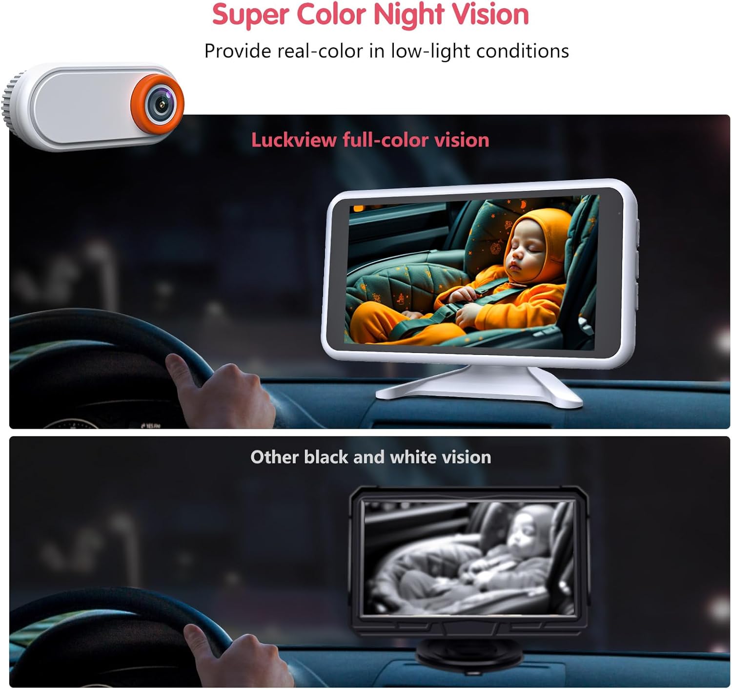 Caméra de voiture pour bébé, écran 1080p de 5,2 pouces avec zoom x3 pour surveiller votre bébé, vision nocturne infrarouge pour siège arrière, rotation à 360°, facile à installer pour la white