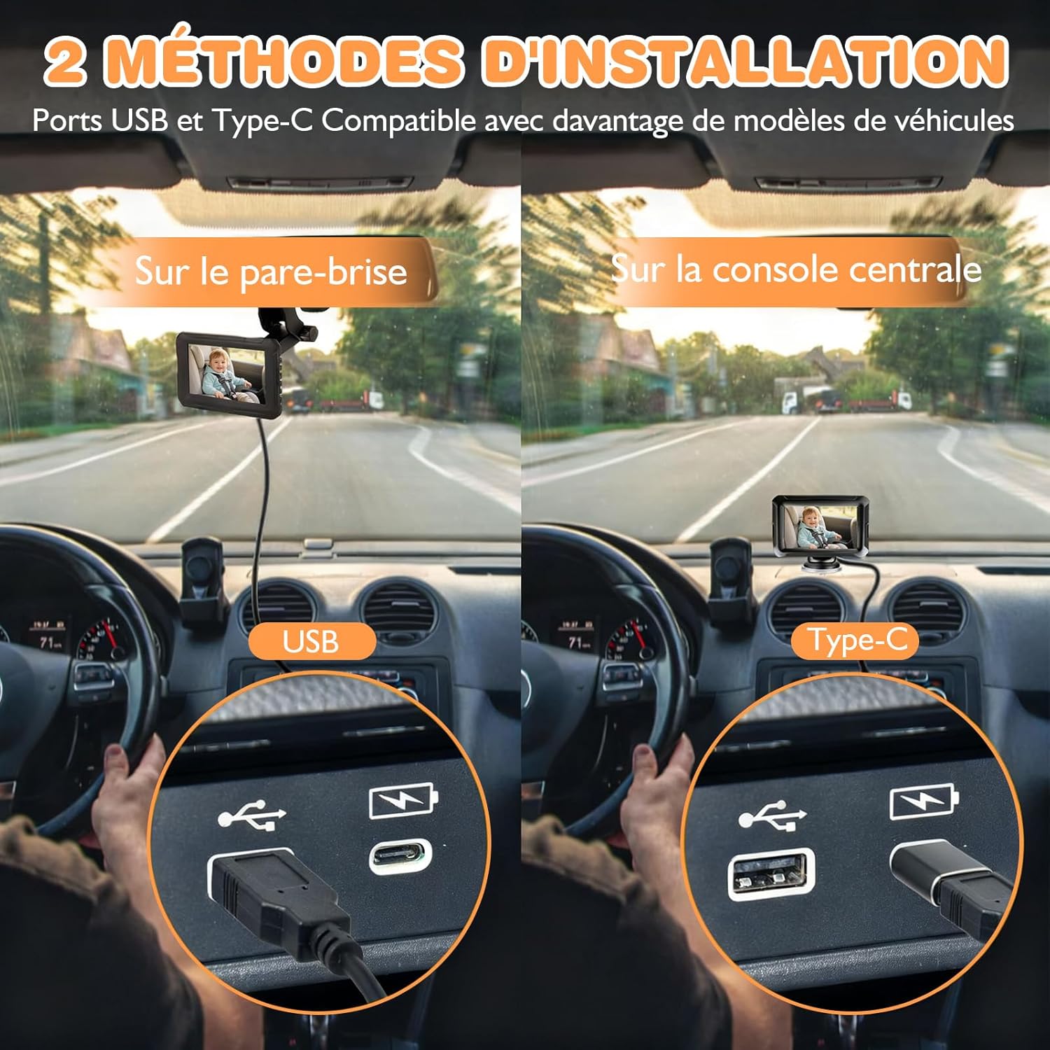 Caméra pour bébé - Rétroviseur de voiture pour bébé - 1080P - USB-C Plug and Play - Rétroviseur de voiture avec vision nocturne HD et angle de vision de 150 ° - Rétroviseur arrière de voiture 4.3inch (port USB et adaptateur de type C)