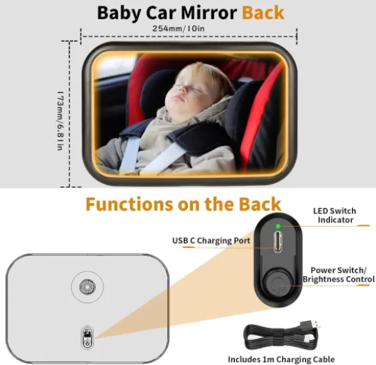 Rétroviseur de voiture pour bébé - Avec lumière à 360° - Avec télécommande - Avec clip en métal - Pour nouveau-né - Avec 2 autocollants Baby on Board et 2 crochets pour appuie-tête de voiture