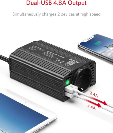 BESTEK Convertisseur 12V 220V 240V 300W Onduleur de Voiture Chargeur Allume-Cigare avec 1 AC Prise et 2 Ports USB 4,8A pour Pad Phone Tablette Voiture Camion et Plus-Métal Noir