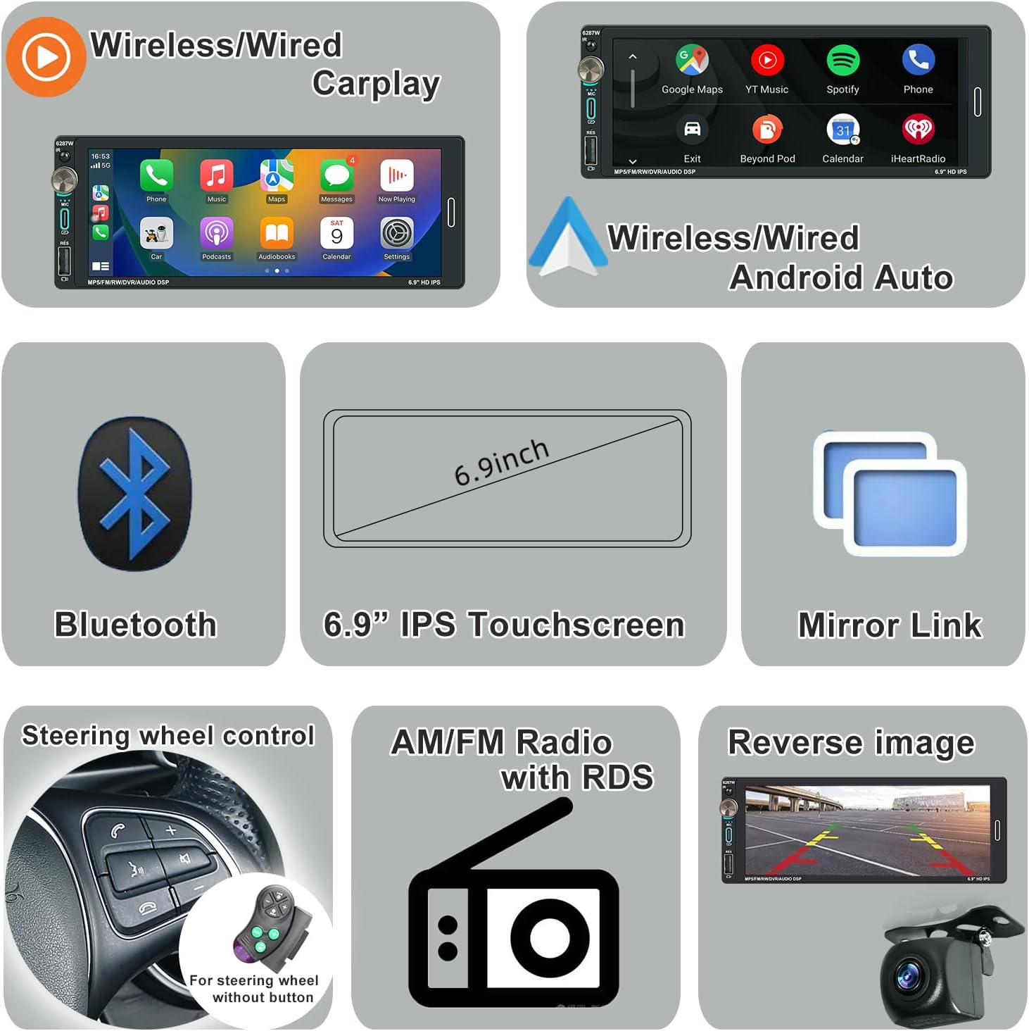 Autoradio 1 DIN avec écran Tactile (6,9") Compatible avec Apple CarPlay [Wireless] / Android Auto Bluetooth Type-C USB (Charge Rapide 2,1A) AM/FM RDS Radio Caméra de recul 6.9" Touchscreen