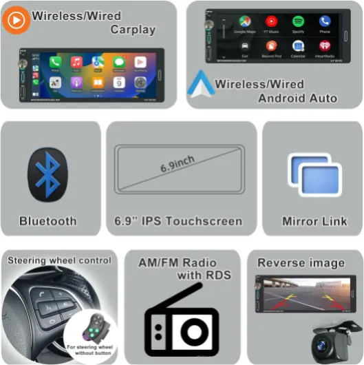 Autoradio 1 DIN avec écran Tactile (6,9") Compatible avec Apple CarPlay [Wireless] / Android Auto Bluetooth Type-C USB (Charge Rapide 2,1A) AM/FM RDS Radio Caméra de recul 6.9" Touchscreen