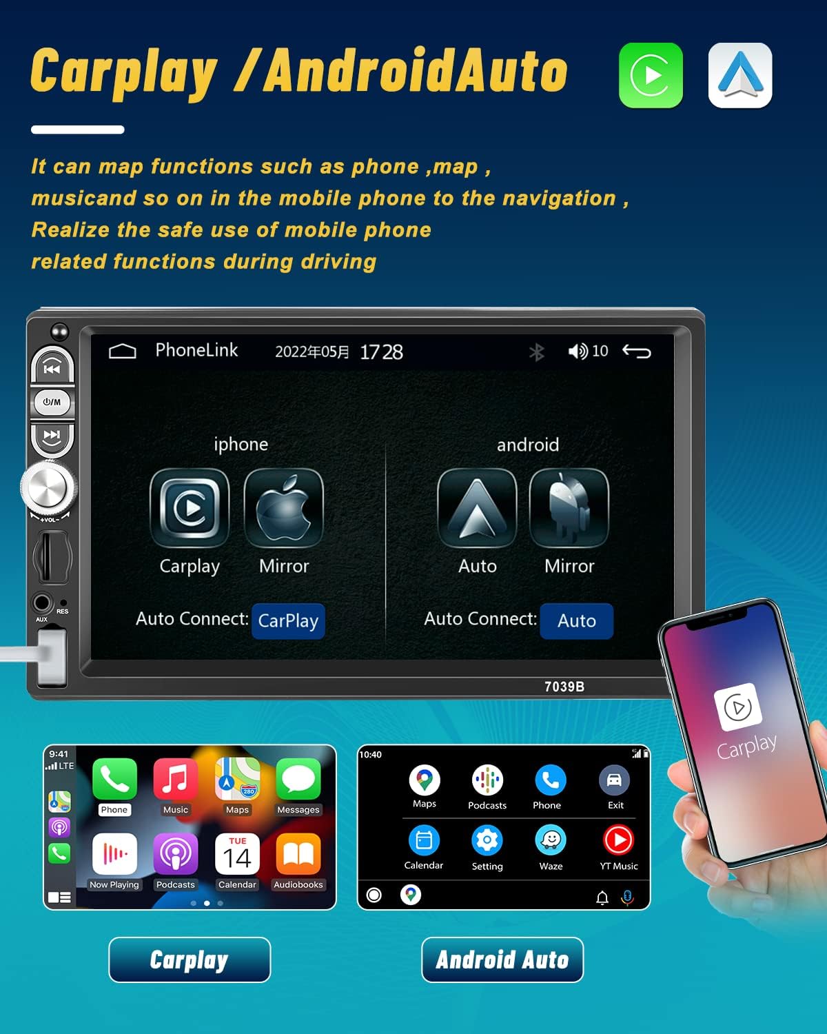Autoradio 1 Din CarPlay et Android Auto Autoradio Bluetooth 5.1 à 7 Pouces écran Tactile HD Soutien Lien Miroir pour iOS/Android Radio FM EQ USB SWC +Caméra de Recul+Microphone Externe 7" + Pro + CarPlay