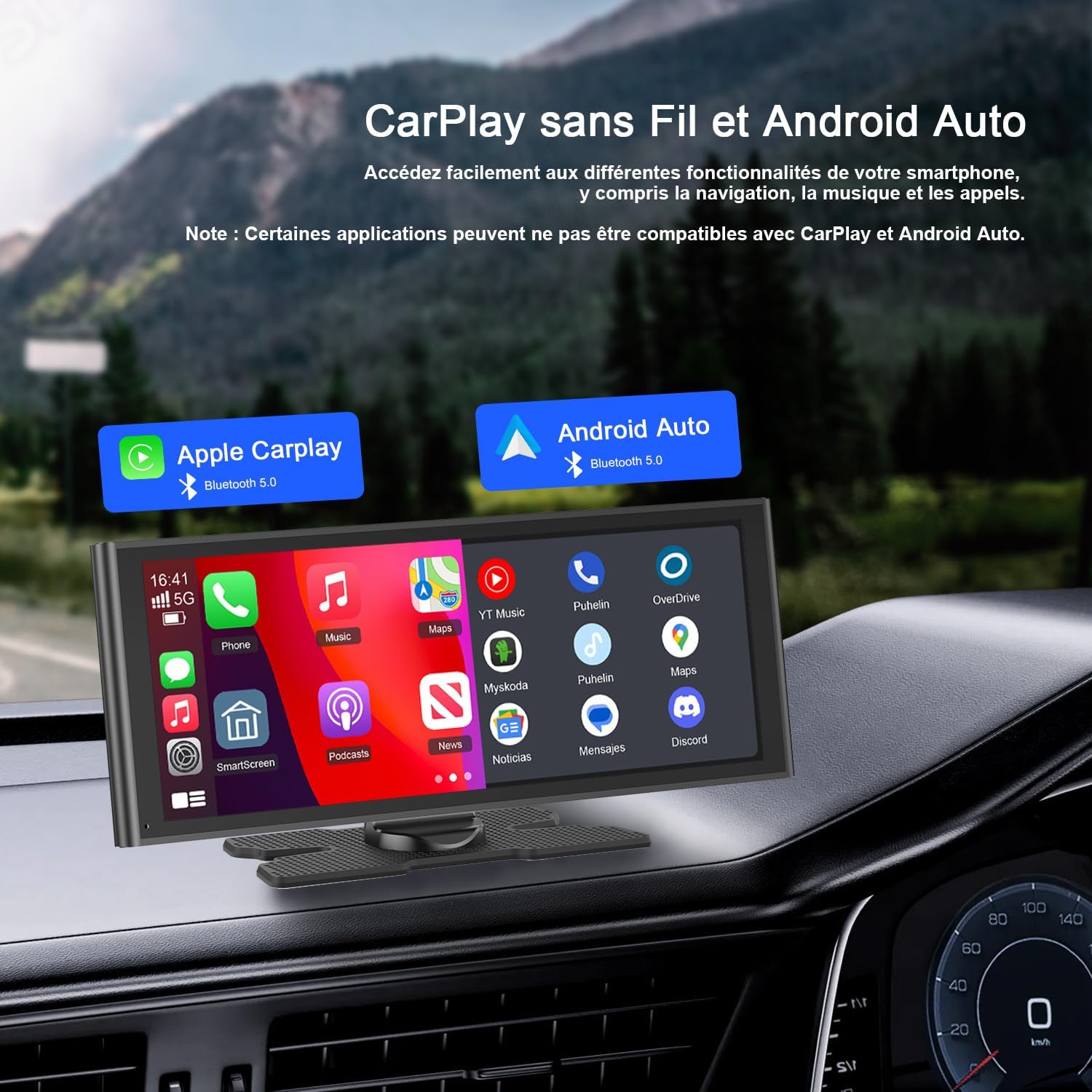 9,26'' Apple Carplay Voiture pour avec Caméra de Recul, Écran Tactile Portable, Navigation GPS, Contrôle Vocal Google/Siri, Android Auto, Bluetooth, AUX/FM, Mirror Link, OTA, sans Fil