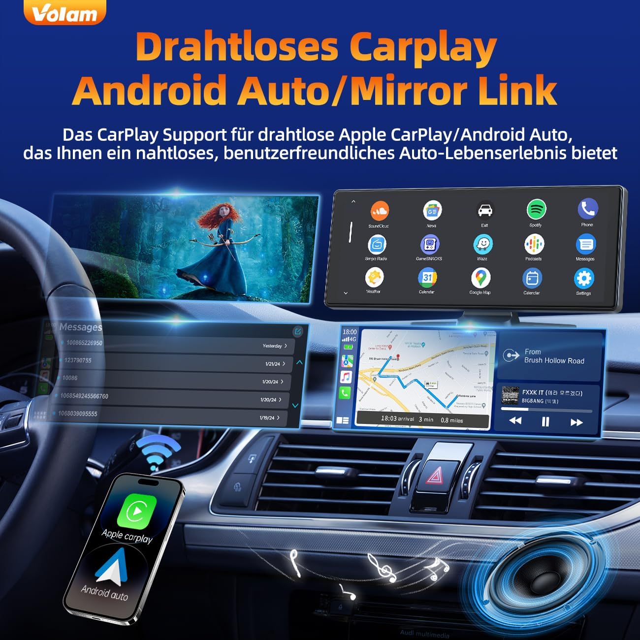 CarPlay sans Fil et pour Apple Carplay&Android Auto,Écran Tactile IPS de 9.26 Pouces ecran Voiture,Voiture Autoradio,Autoradio Portable avec Mirrorlink/Bluetooth/GPS Navigation/Siri/Goo-gle