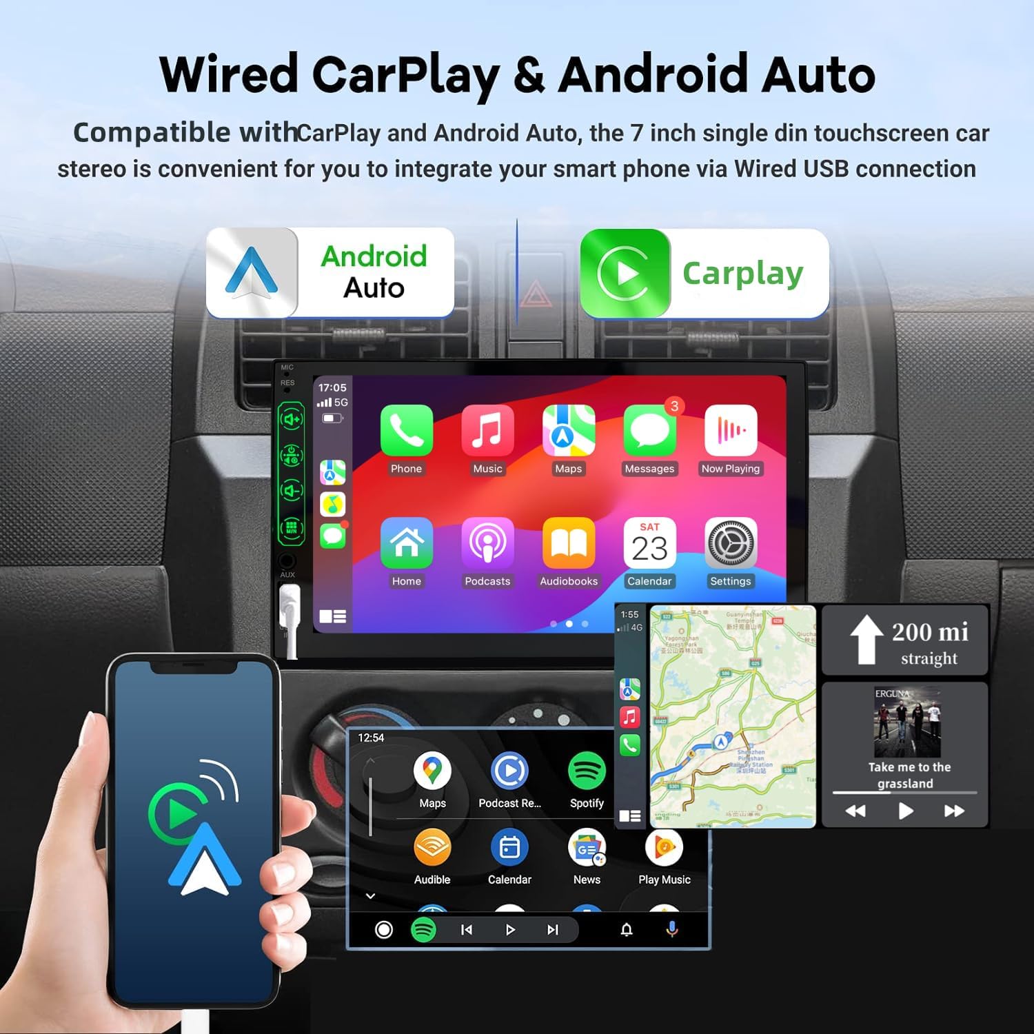 Autoradio Bluetooth 1 DIN avec Carplay et Android Auto - 7 Pouces HD Ecran Tactile Poste Radio Voiture Soutien Lien Miroir iOS/Android/Radio FM/USB/EQ – Autoradio avec Caméra de Recul 1 Din 7 pouces