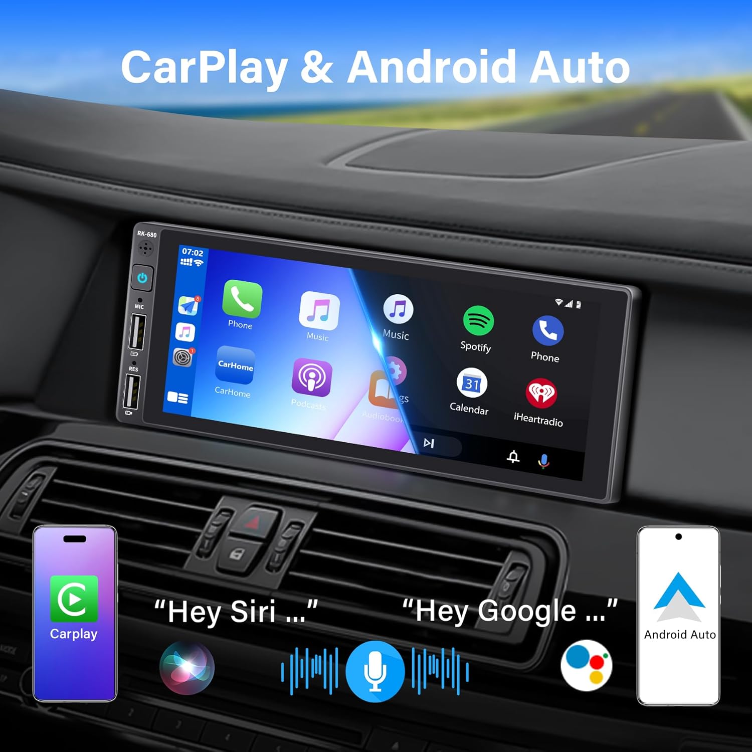 Autoradio Bluetooth 1 Din Compatible Apple carplay Android Auto, écran Tactile stéréo de 6,9 Pouces Prise en Charge Automatique Bluetooth Mains Libres/Radio FM RDS/Mirror Link/USB/EQ