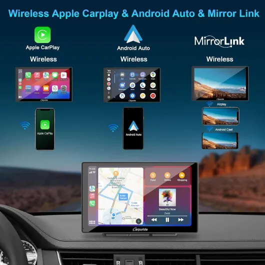 W905 sans Fil Carplay Voiture Autoradio Carplay & Android Auto avec Dash Cam, 9" Tactile Écran, 4K Devant & Arrière Caméra, Enregistrement en Boucle, Bluetooth, Lien Miroir, GPS, Siri.