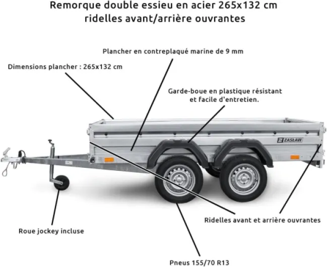 Mon Mobilier Design Remorque Double essieu en Acier 265 cm ridelles Avant/arrière ouvrantes 265T