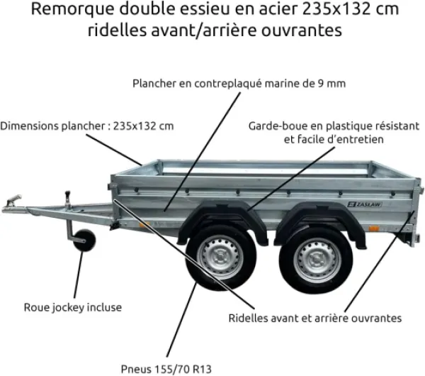 Mon Mobilier Design Remorque Double essieu en Acier 235 cm ridelles Avant/arrière ouvrantes 235T