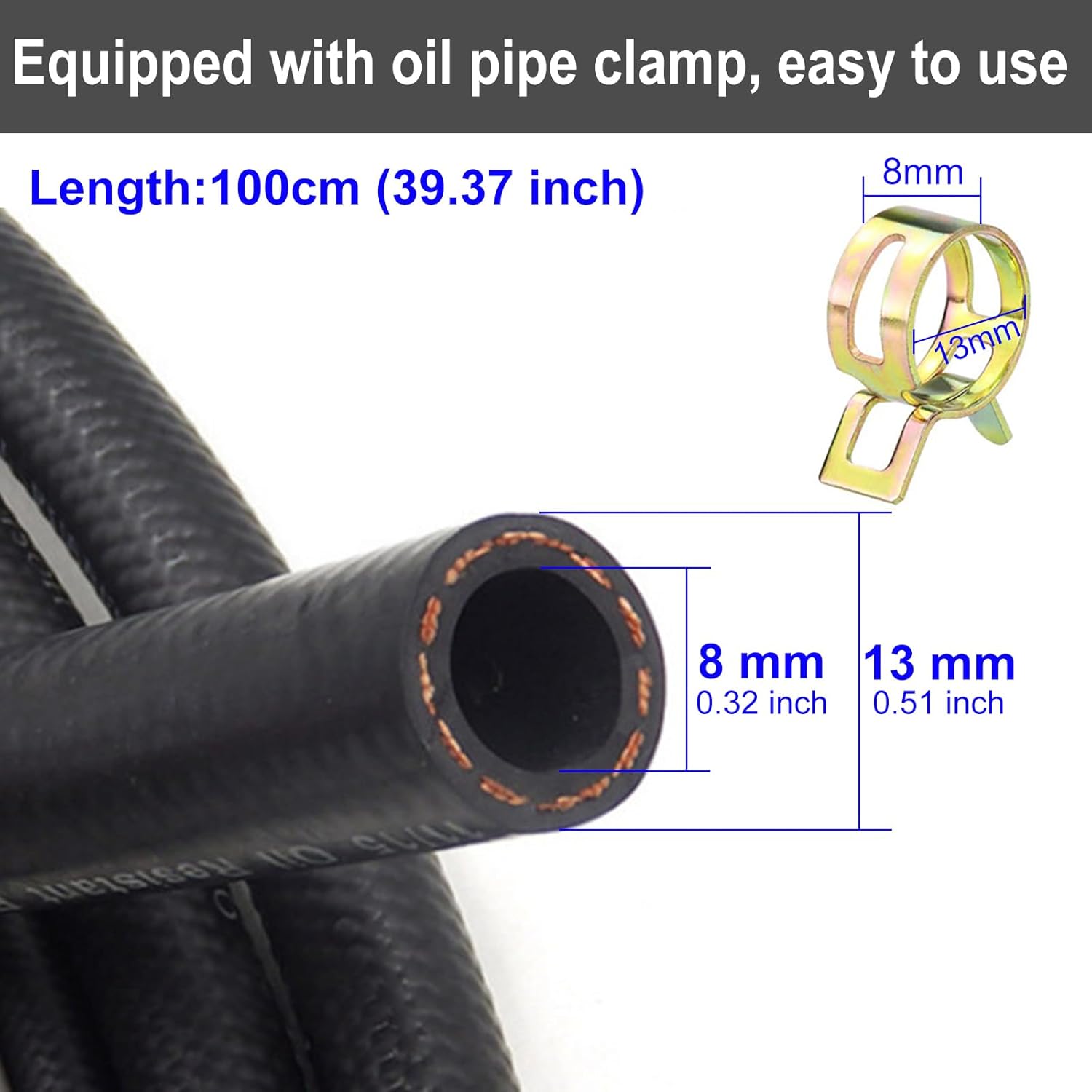 Nutabevr Tuyau d'essence 1m,8 mm Tuyau de Carburant Kit Conduite de Carburant avec 5 Pièces Colliers de Serrage, pour motos,tracteurs,tondeuses à gazon,scooters,petits moteurs,voitures,camions