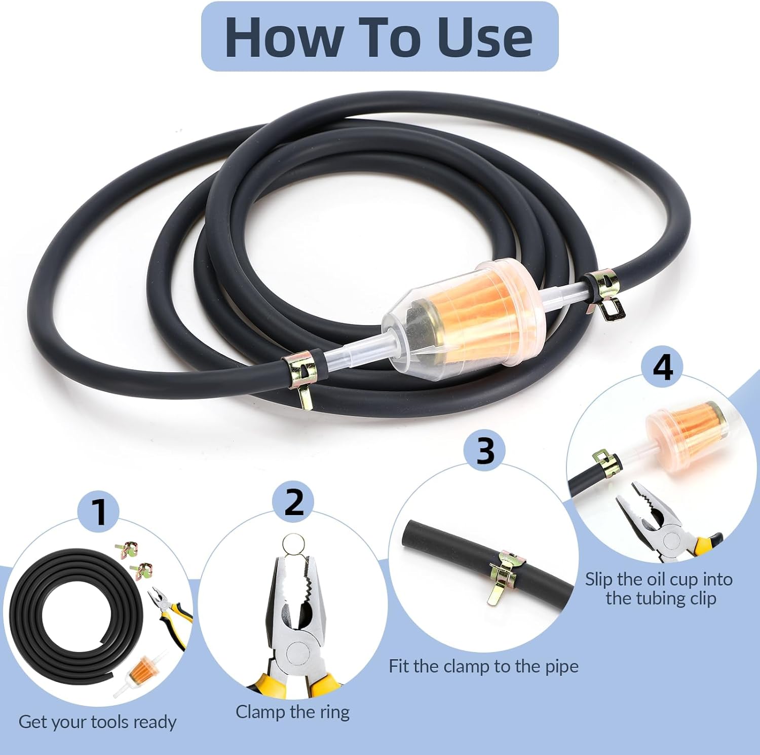 Ø 4mm Tuyau de Carburant Kit, 2 Mètre Conduite de Carburant avec 10 Colliers 2 Filtres à Carburant, Tuyau D'essence pour Petits Moteurs, Moto, Voiture, Scooters, Camions