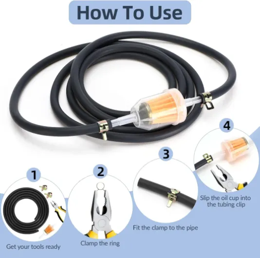 Ø 4mm Tuyau de Carburant Kit, 2 Mètre Conduite de Carburant avec 10 Colliers 2 Filtres à Carburant, Tuyau D'essence pour Petits Moteurs, Moto, Voiture, Scooters, Camions