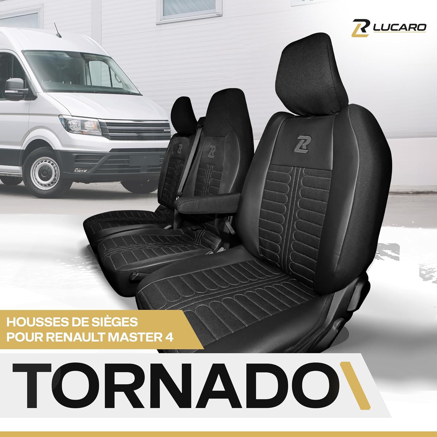 LUCARO Housse Siege Voiture Tornado pour Renault Master 4, Nissan Interstar 3 Gris Dossier et Assise Divisés - Housse de Siege Voiture Tissu Durable et Confortable et Similicuir