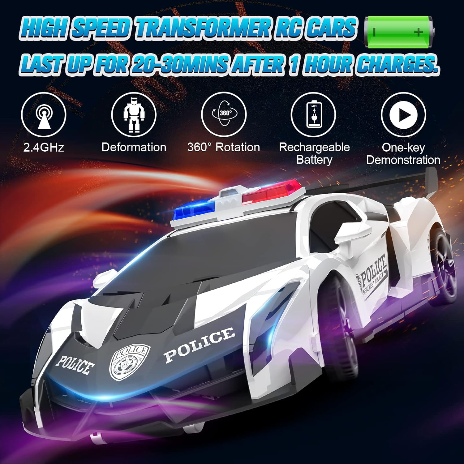 Voiture Télécommandée Enfants, 2 en 1 Jouets Robot/Voiture Police Transformable Rechargeable RC Car Course Radiocommande avec 360°Rotation, Idée Cadeau Anniversaire 3 4 5 6 7 8 9 Ans Garçon Fille Blanc