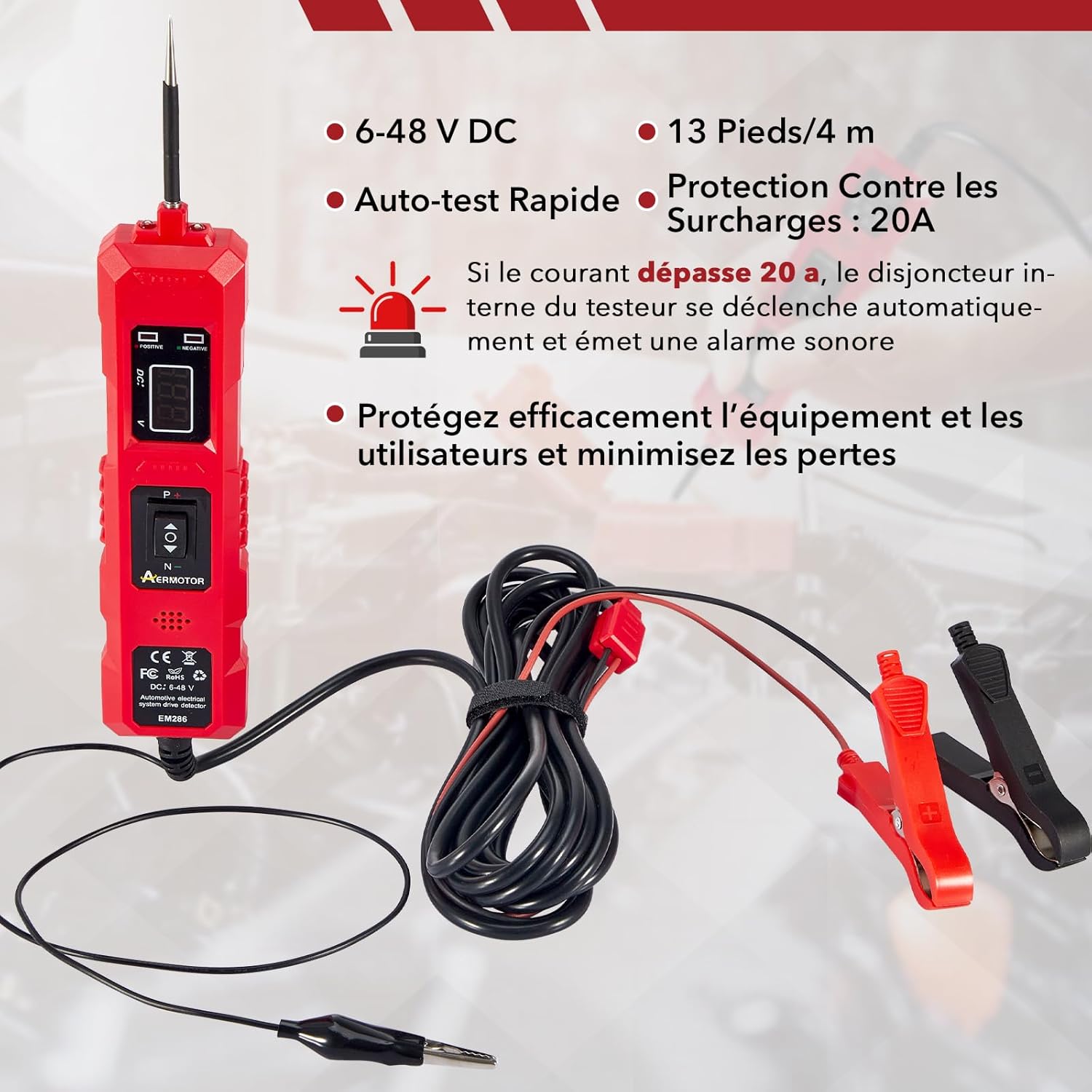 Testeur de Circuit Automobile Polyvalent DC 6-48V Equipé d’une Sonde de Puissance,d’un Système d’Indication LED et d’un Câble de 13 Pieds(4m) pour Vérifier les Courts-Circuits,la Polarité