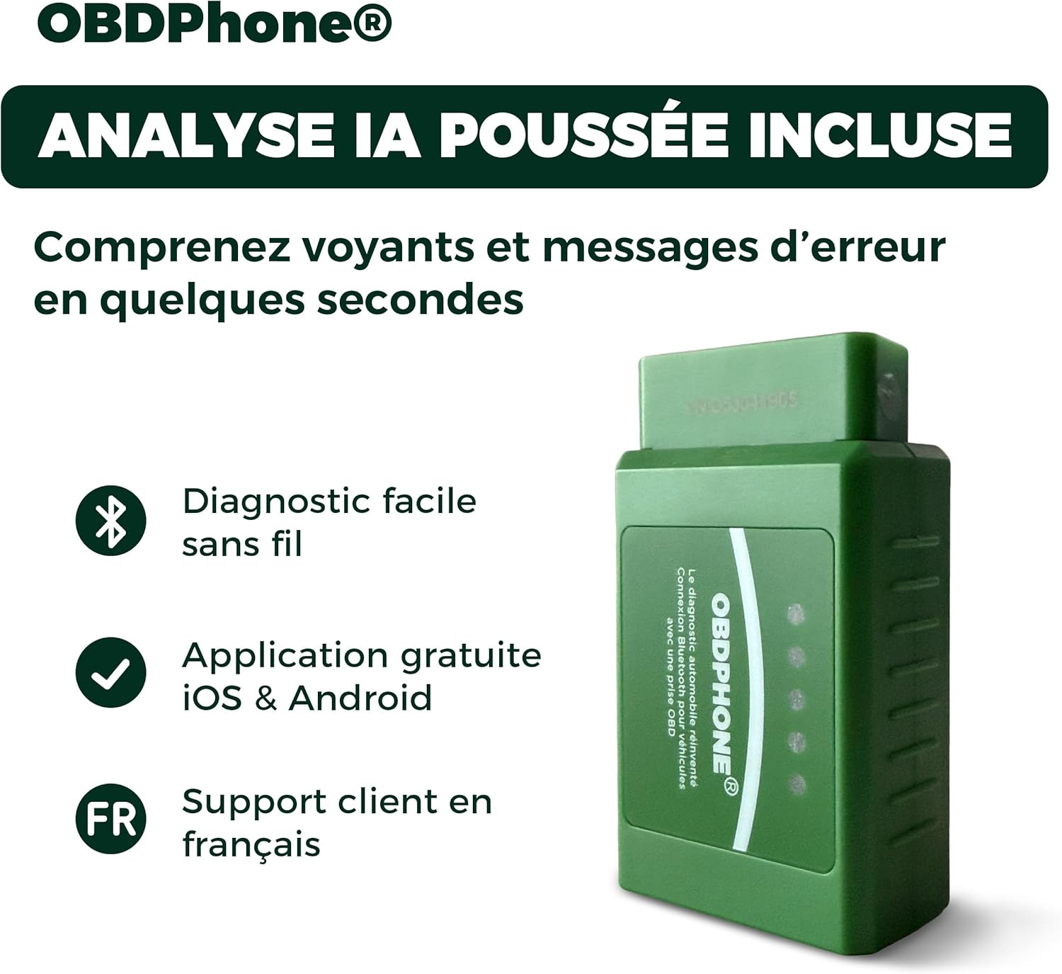 Lecteur OBD2 Bluetooth OBDPhone® - Valise Diagnostic Auto Multimarque - Scanner Auto OBD-II - Diagnostic Voiture Francais - Codes Defaut Moteur - Donnees en Direct - iOS & Android - Analyse IA incluse